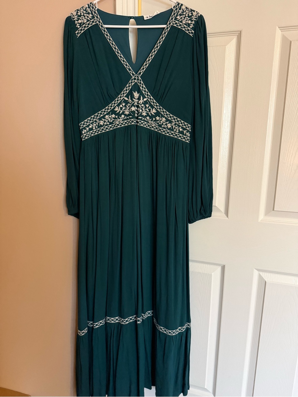 In Loom Teal Embroidered V-Neck Maxi Dress- boutique summer/fall, flowy, NWOT